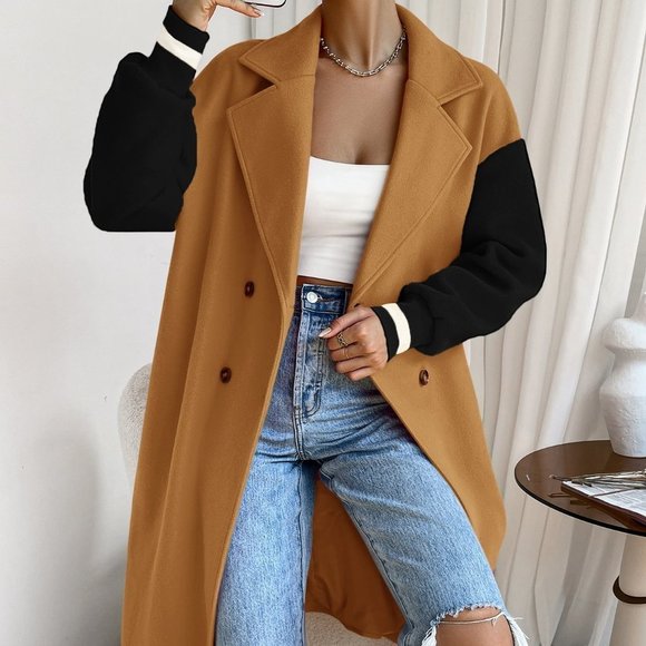 Multicolor Casual Womens Colorblock Drop Shoulder Double Breasted Overco… - Picture 3 of 5